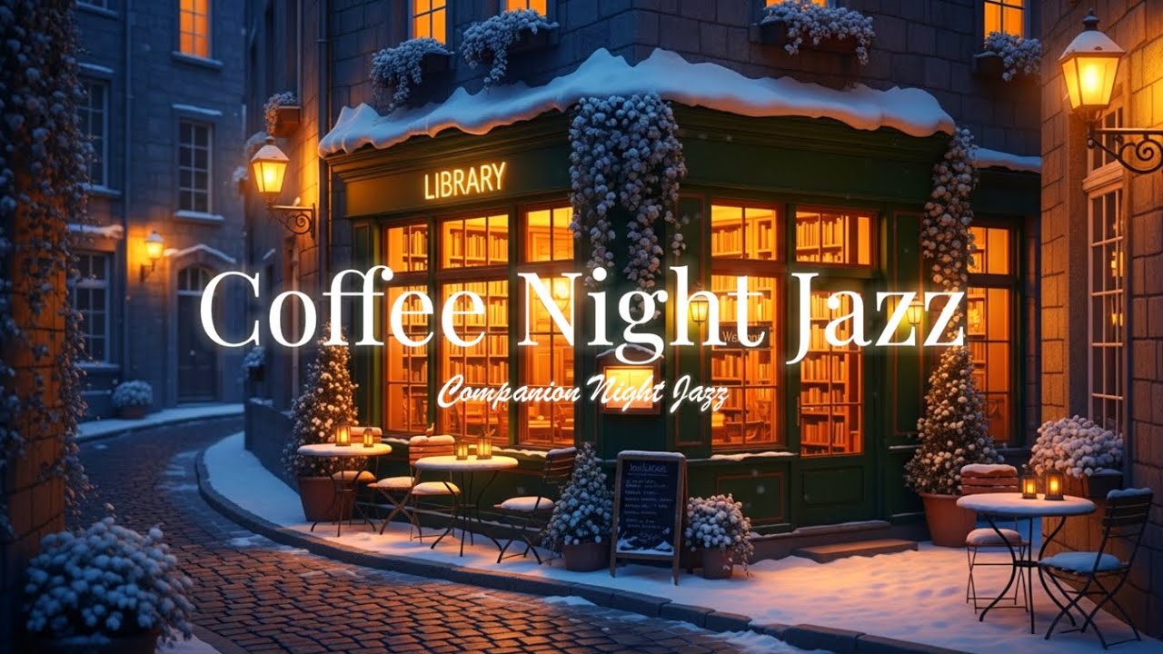 Cozy Winter Night Jazz ❄️ Relaxing Piano Jazz at a Snowy Library Cafe Ambience