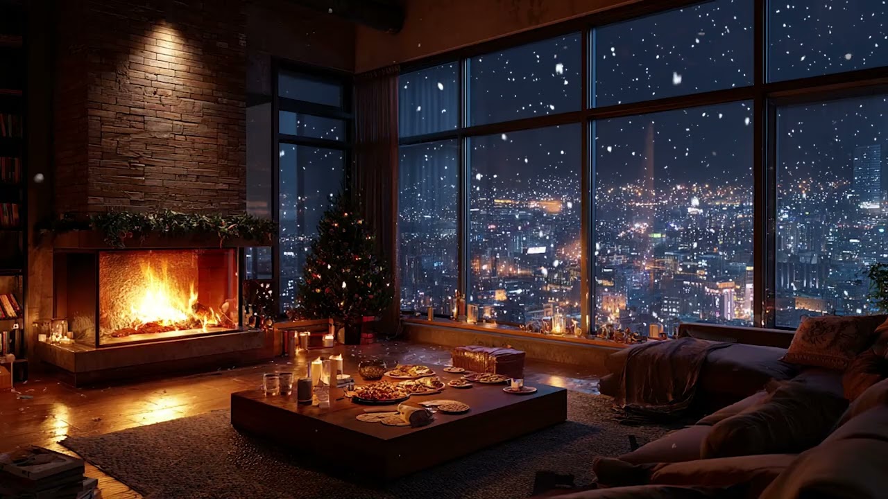 Tranquil Snowy Cabin Night Piano | Warm Fireplace Light for Relaxation
