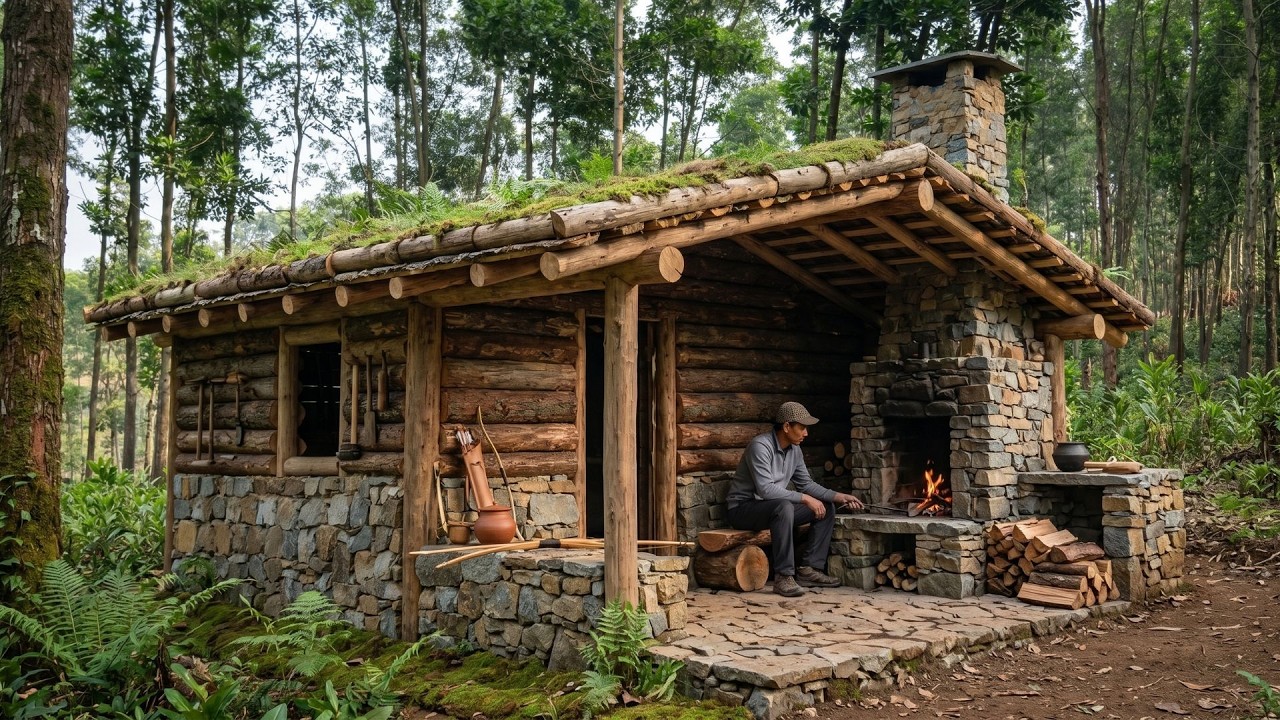 Perfect Bushcraft Survival House 🪵 Built with Round Logs and Natural Stone Deep in the Forest