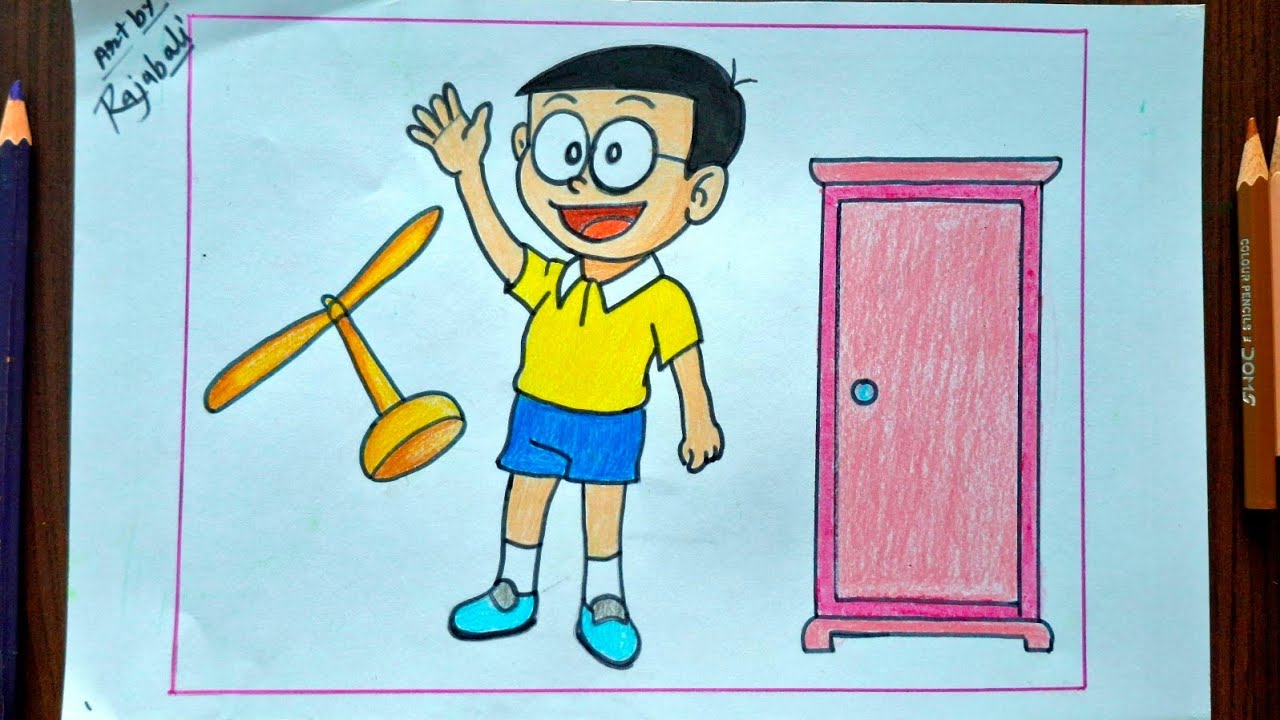 How to draw a Nobita from Doraemon||nobita with Doraemon gadget||cute nobita drawing