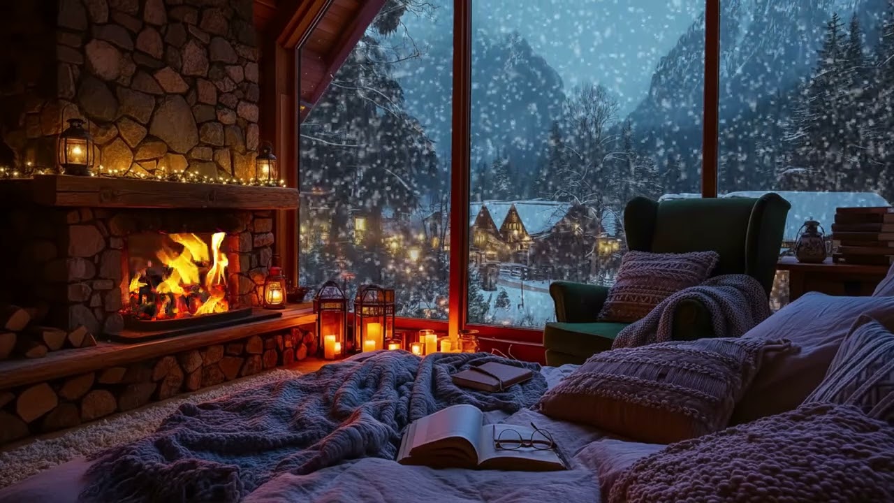 Soft Snow Falling by a Warm Log Cabin Fireplace ❄️ Relaxing Crackling Fire for Deep Sleep