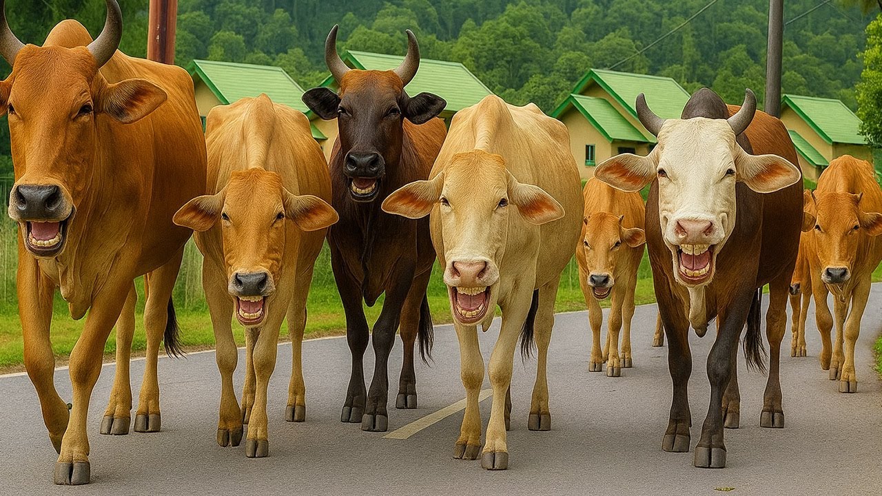 Kawanan sapi berlari menuruni bukit hijau, Suara Sapi moo, Puluhan sapi lucu berjalan rapi di jalan