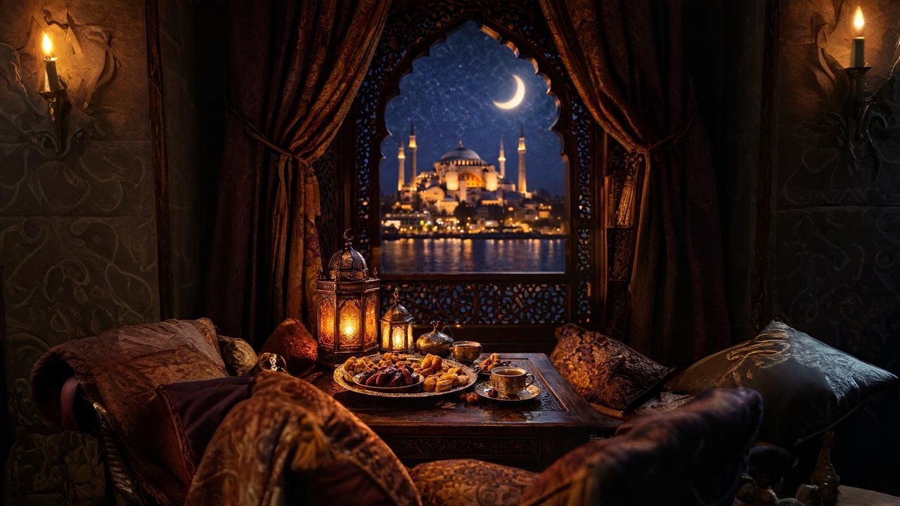 4K Cozy Ramadan Window & Iftar Table | Relaxing Islamic Music & Mosque View | OLED Safe TV Art
