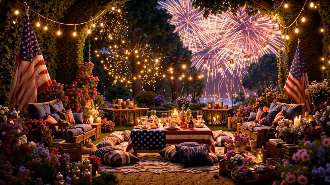 🇺🇸Perfect 4th of July Escape🇺🇸 Independence Day Ambience🎆 Fireworks, Summer Night, BBQ & Smooth Jazz
