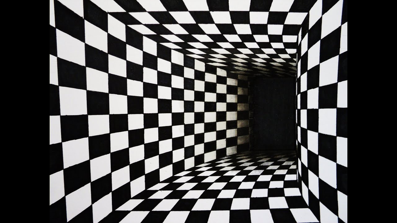 How to draw - chess pattern turning tunnel 3d illusion - one point perspective