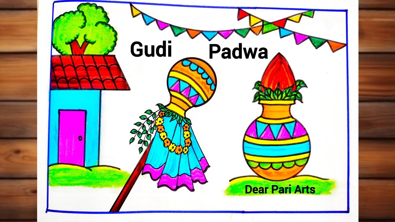 Gudi Padwa Drawing/Gudi Padwa Festival Drawing/How to Draw Gudi Padwa/Gudi Padwa Poster Drawing Easy