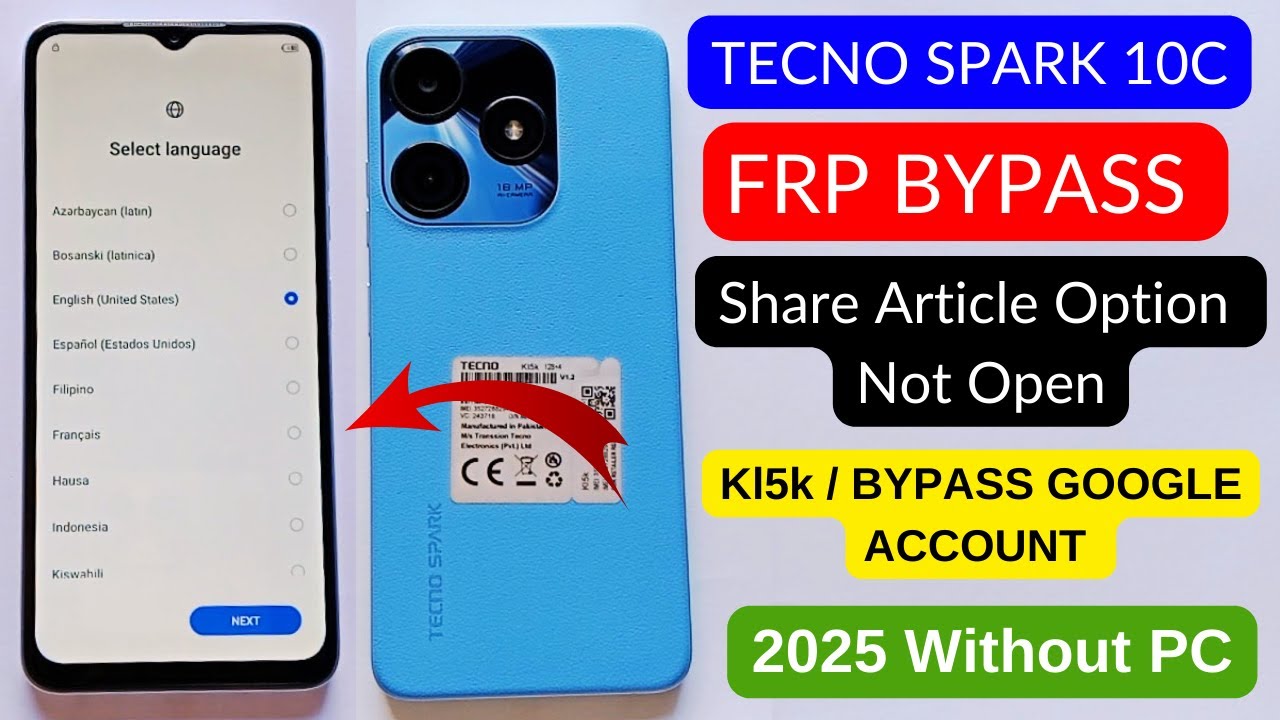 Tecno Spark 10c (Kl5k) Frp Bypass/Unlock Android 12 Without Pc 2025 - Apps Not Working - No YouTube