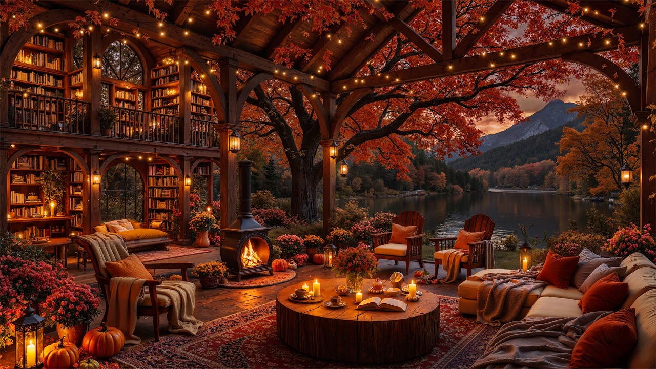 Calm Jazz Melodies at Autumn Porch Night Ambience | Fireside Crackles by the Riverside for Work