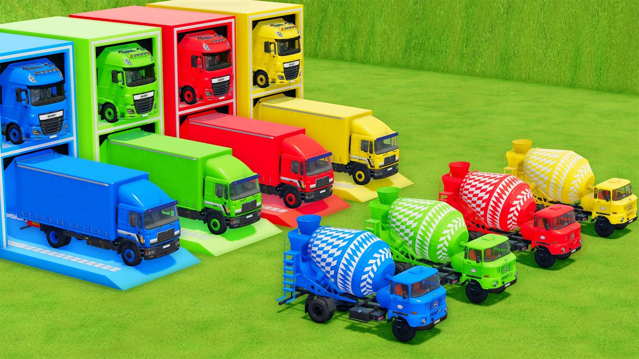 Garage with Colors - ALL MIXER TRUCK WITH DOUBLE FLATBED TRAILER TRUCK, DAF, MAN, IFA - FS22