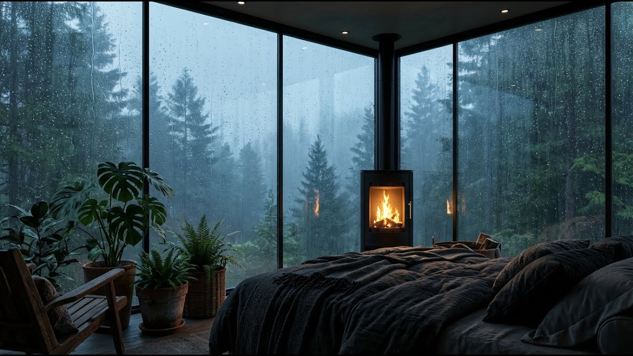 Instant Relief: Rain and Soft Piano in Forest Cabin with Fireplace for Deep Sleep & Peace 🌧️✨
