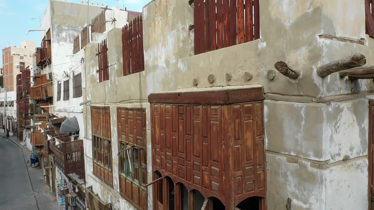 Aerial view of old houses with wooden mashrabiya in al-Balad, Mecca province, Jeddah, Saudi Arabia