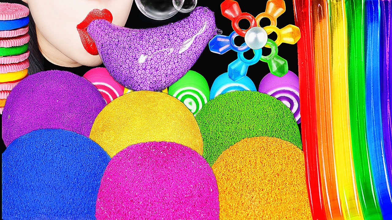 ASMR RAINBOW DESSERTS *MOCHI, EDIBLE FROG EGGS, GUMMY RING POPS, BIRD GLASS DRINKING SOUNDS  신기한 물먹방