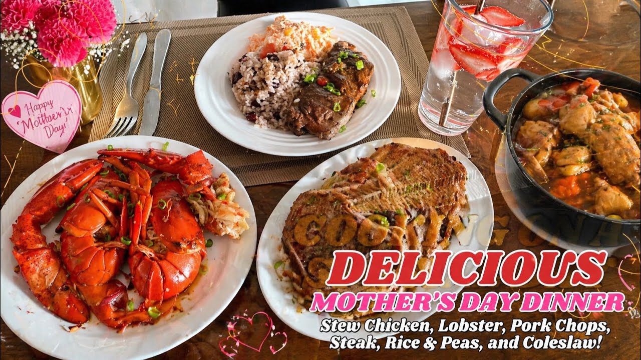 Delicious Mother’s Day Dinner Stew Chicken, Lobster, Pork Chops, Steak, Rice & Peas, and Coleslaw!
