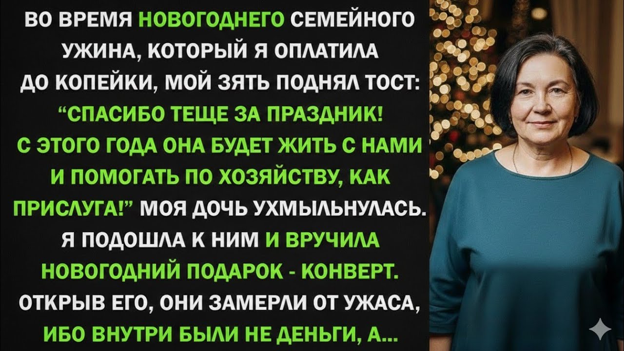 На новогоднем ужине, который я оплатила, зять назвал меня прислугой, но я ему преподнесла подарок