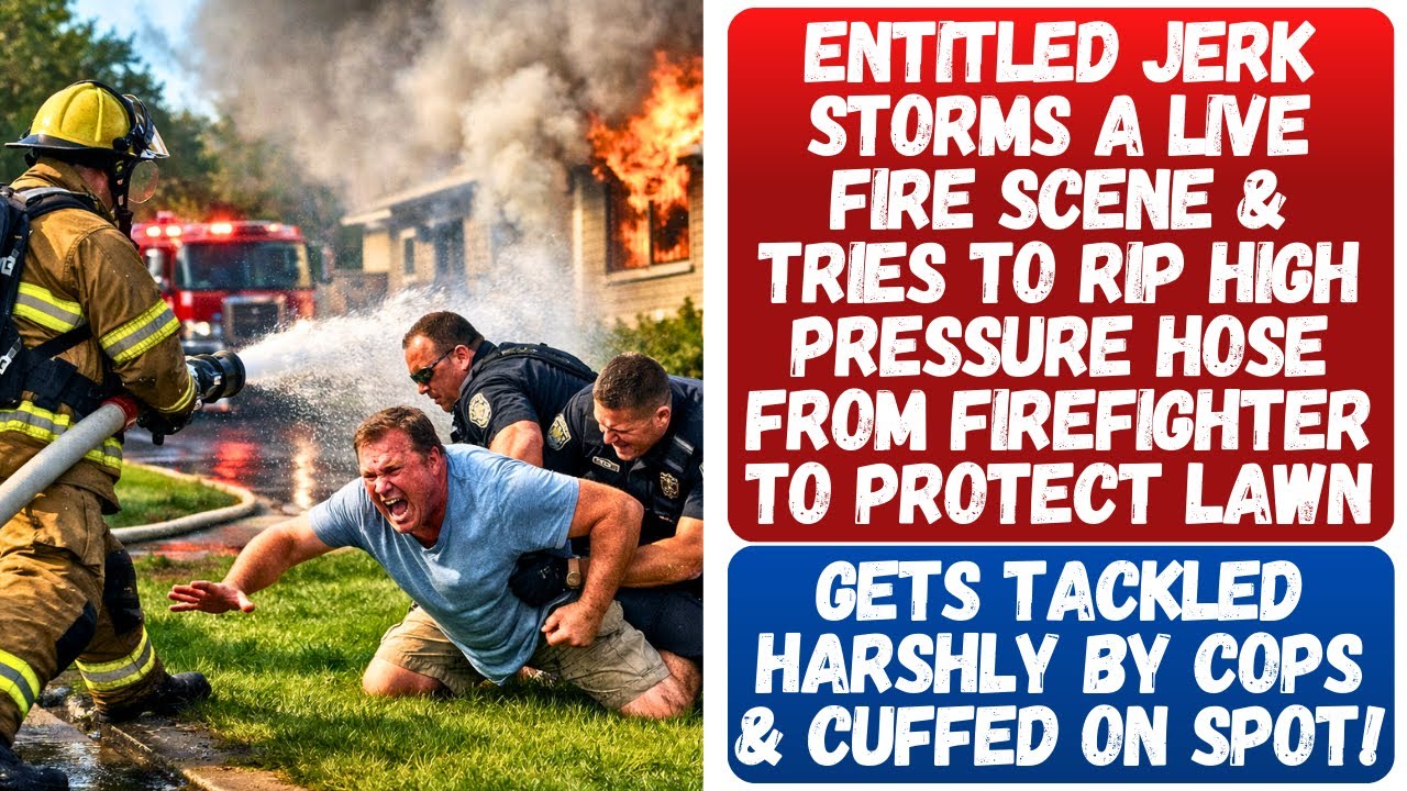 ENTITLED JERK STORMS A LIVE FIRE SCENE & TRIES TO RIP HIGH PRESSURE HOSE FROM FIREFIGHTER!!!