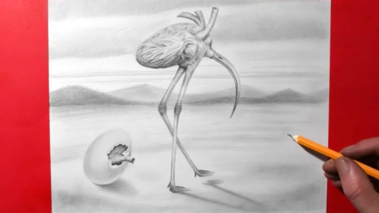 Surreal Pencil Drawing | Crane Bird with a Heart Brain / Surrealism Art / Cool Landscape Sketch