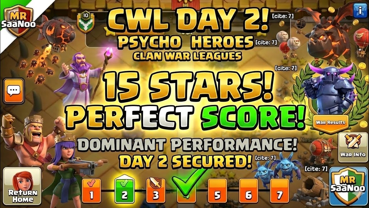 Unstoppable CWL Attacks! Day 2 Perfect 15 Stars with PSYCHO Heroes!