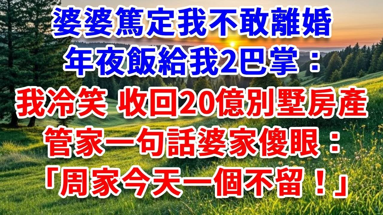 婆婆篤定我不敢離婚，年夜飯給我2巴掌：我冷笑 收回20億別墅房產，管家一句話婆家傻眼：周家今天一個不留！#詩涵講故事#為人處世#生活經驗#情感故事#晚年哲理#說故事#完結文#原創故事