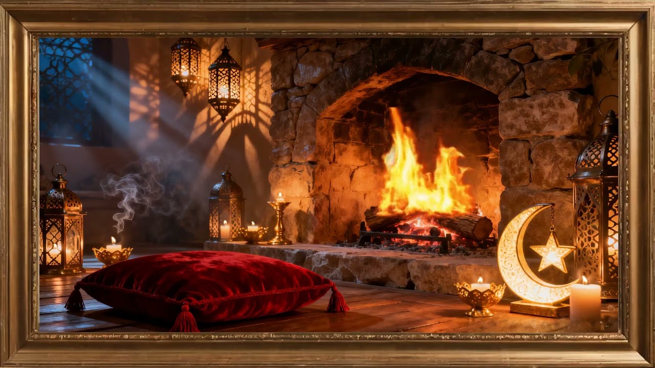 Ramadan Fireplace Ambience. Gold framed Vintage art screensaver. 4k TV Painting wall art.