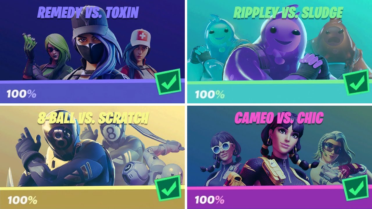 Fortnite All 'Remedy Vs Toxin, Rippley Vs Sludge, 8-Ball Vs Scratch & Cameo Vs Chic' Challenges