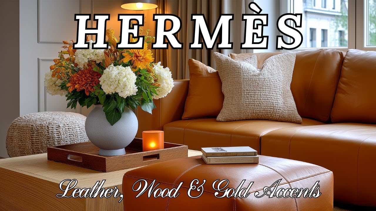 Декор дома в стиле Herm&egrave;s: теплые нейтральные тона, кожа, дерево и золотые акценты.