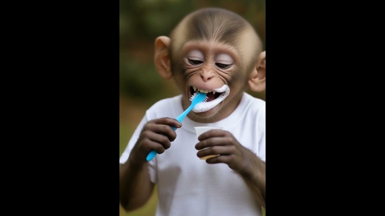 baby monkey tring to do touth brush for first time||MR Monkey🐒