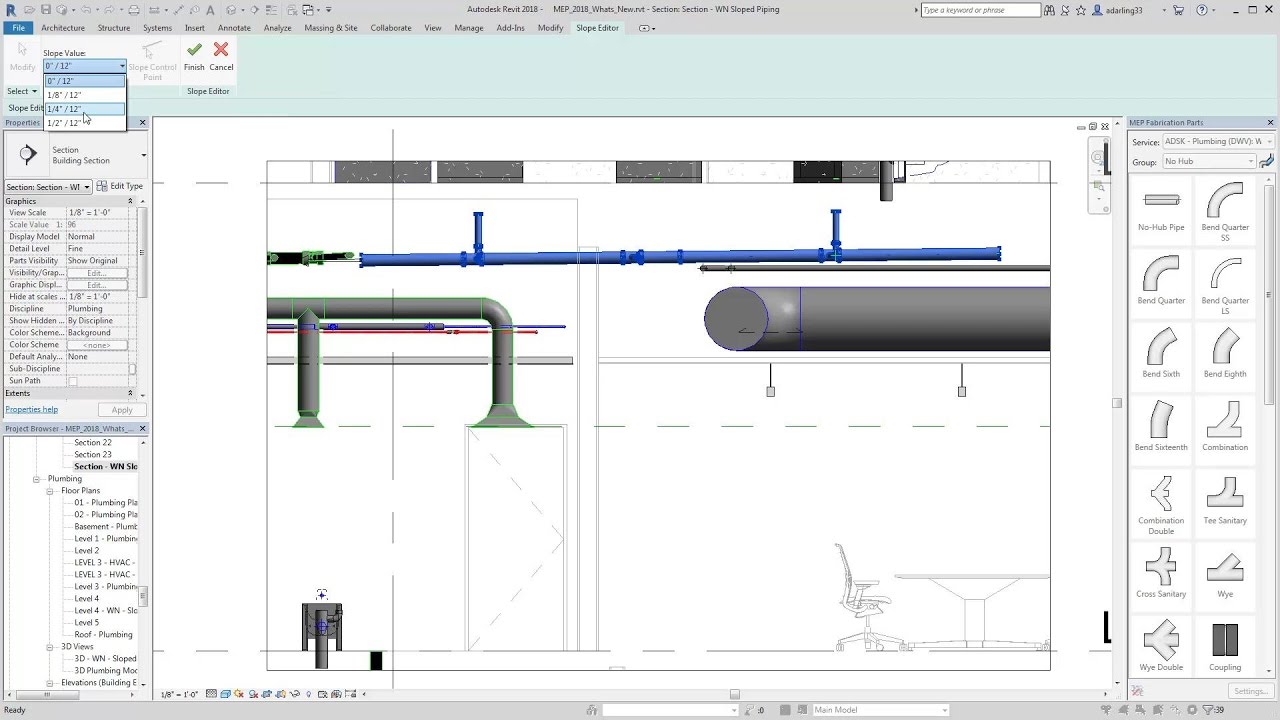 Revit 2018 New Feature - Sloped Piping for Fabrication Elements