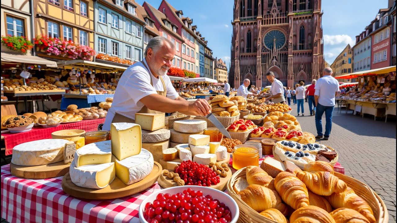 TRADITIONAL FRENCH BIO MARKET 🇫🇷 Walking Tour 4K in Strasbourg | Cheese, Bread & Old Town