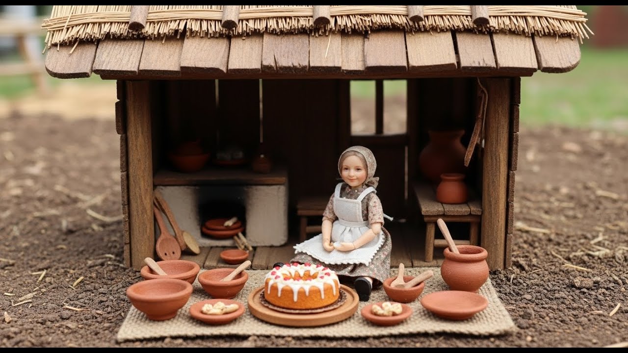Miniature Doll Makes Vintage Wooden Kitchen Cake 🍰 ASMR | Tiny Kitchen