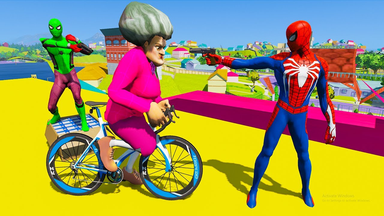 Scary Teacher 3d - ( Stealing Bicycle ) Spiderman vs Miss'T  With Green Spiderman   - Game Animation