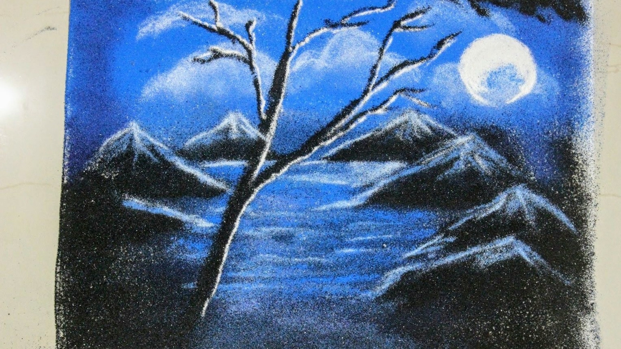 kojagiri purnima special Poster rangoli designs - Night time Moonlight Scenery in rangoli
