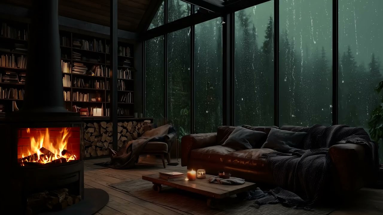 Cozy Autumn Rain with Fireplace Glow for Calm and Peaceful Moments