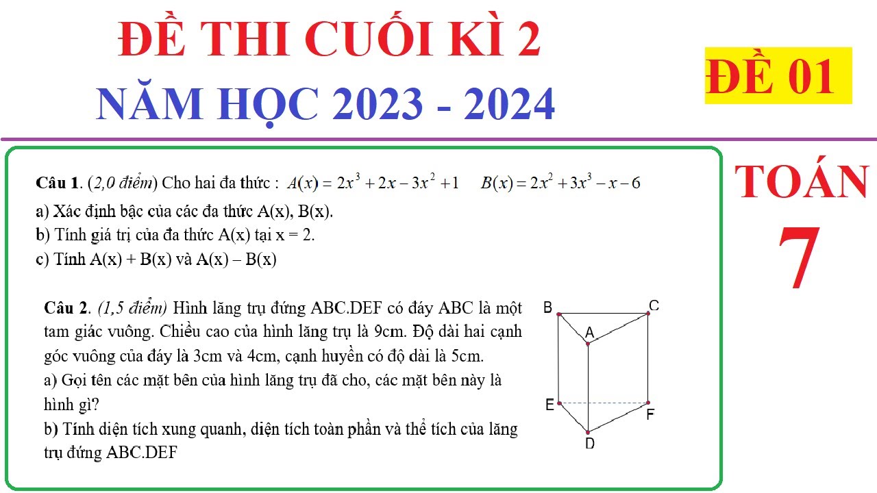 TOÁN 7 - ĐỀ 1 - ĐỀ THI CUỐI HỌC KÌ 2 TOÁN 7 NĂM 2023-2024. ÔN TẬP CUỐI HỌC KÌ 2 MỚI NHẤT