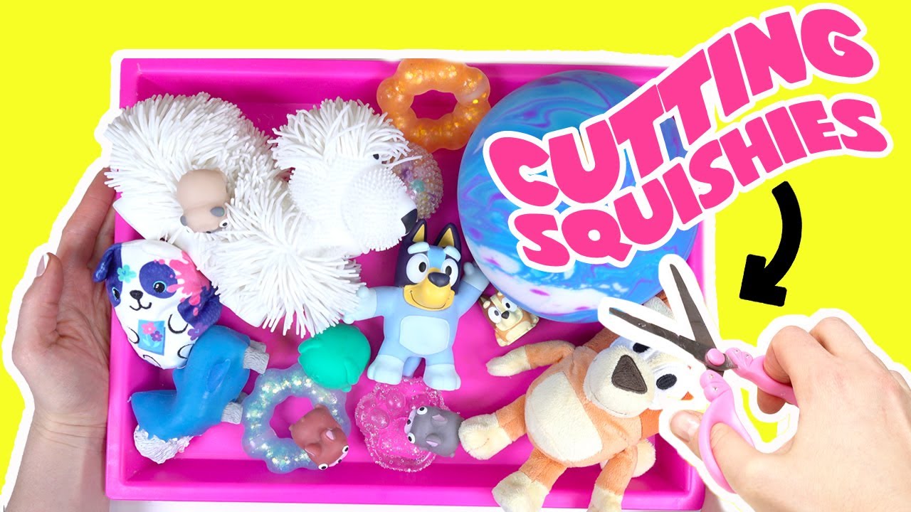 Bluey and Bingo Cutting Squishies into One Bowl
