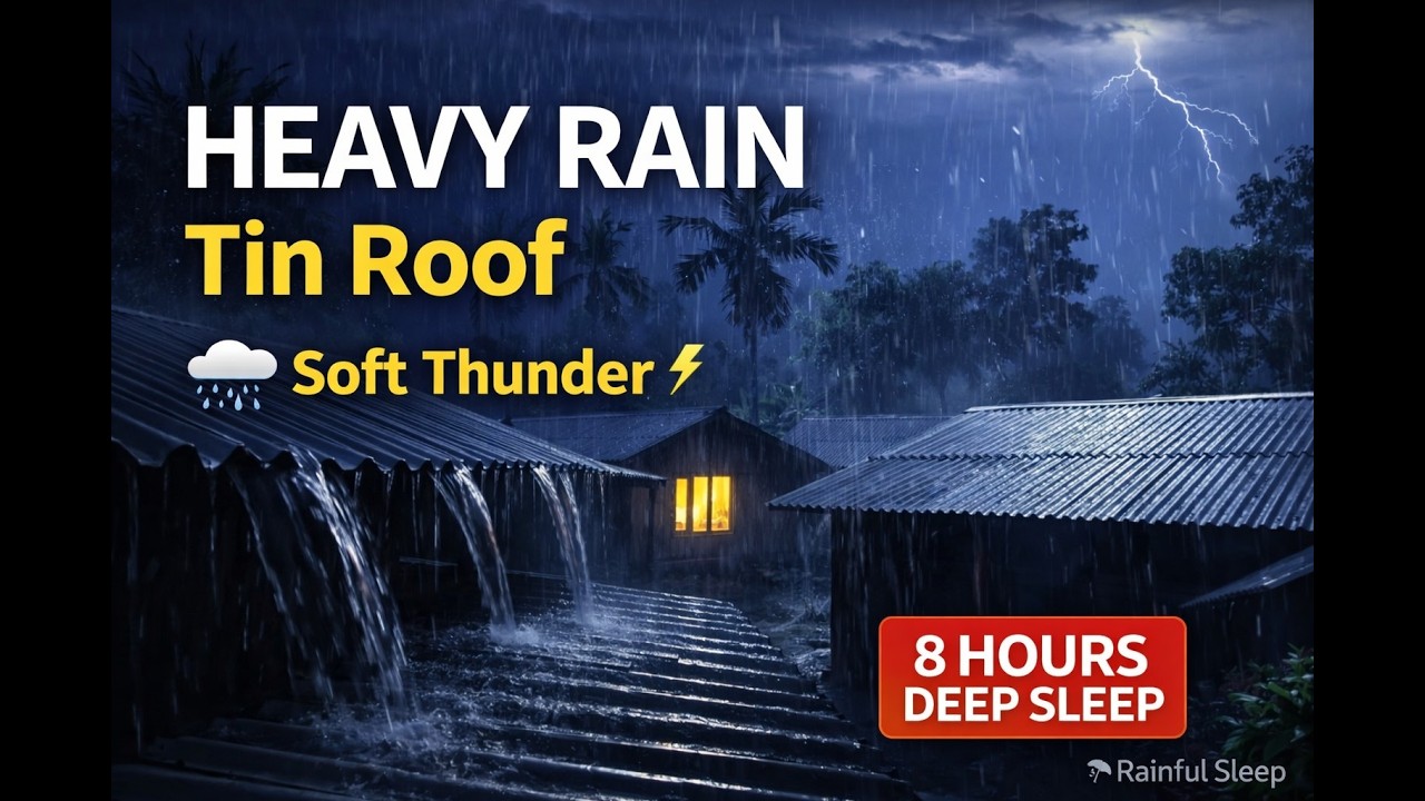 Heavy Rain on Tin Roof with Soft Thunder 🌧️ 8 Hours Deep Sleep