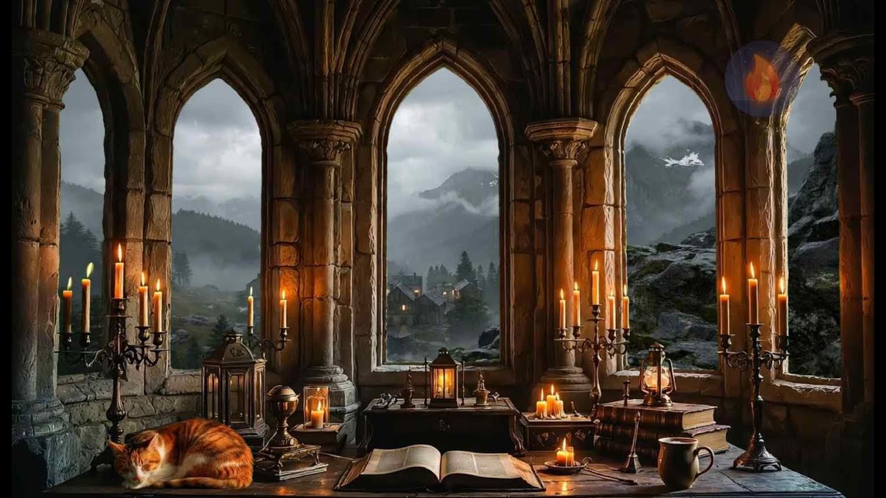 Rainy Medieval Castle Windows 🌧️ Peaceful Music for Relaxation, Study & Sleep
