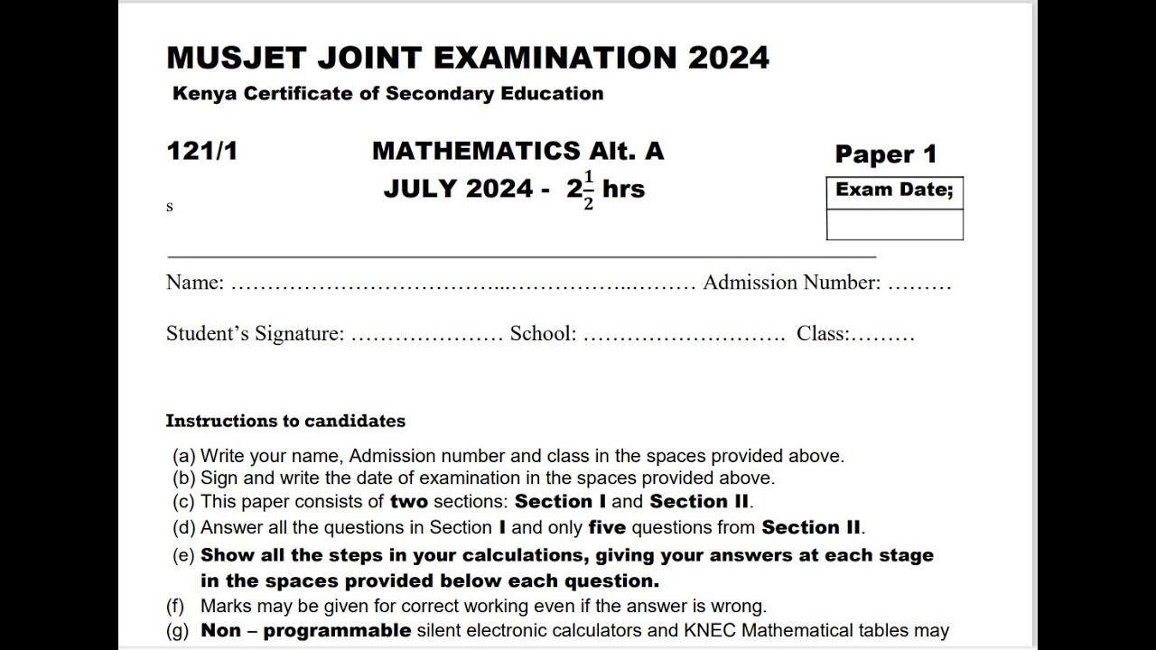 MATHEMATICS PAPER 1 - MUSJET JOINT EXAMINATION 2024