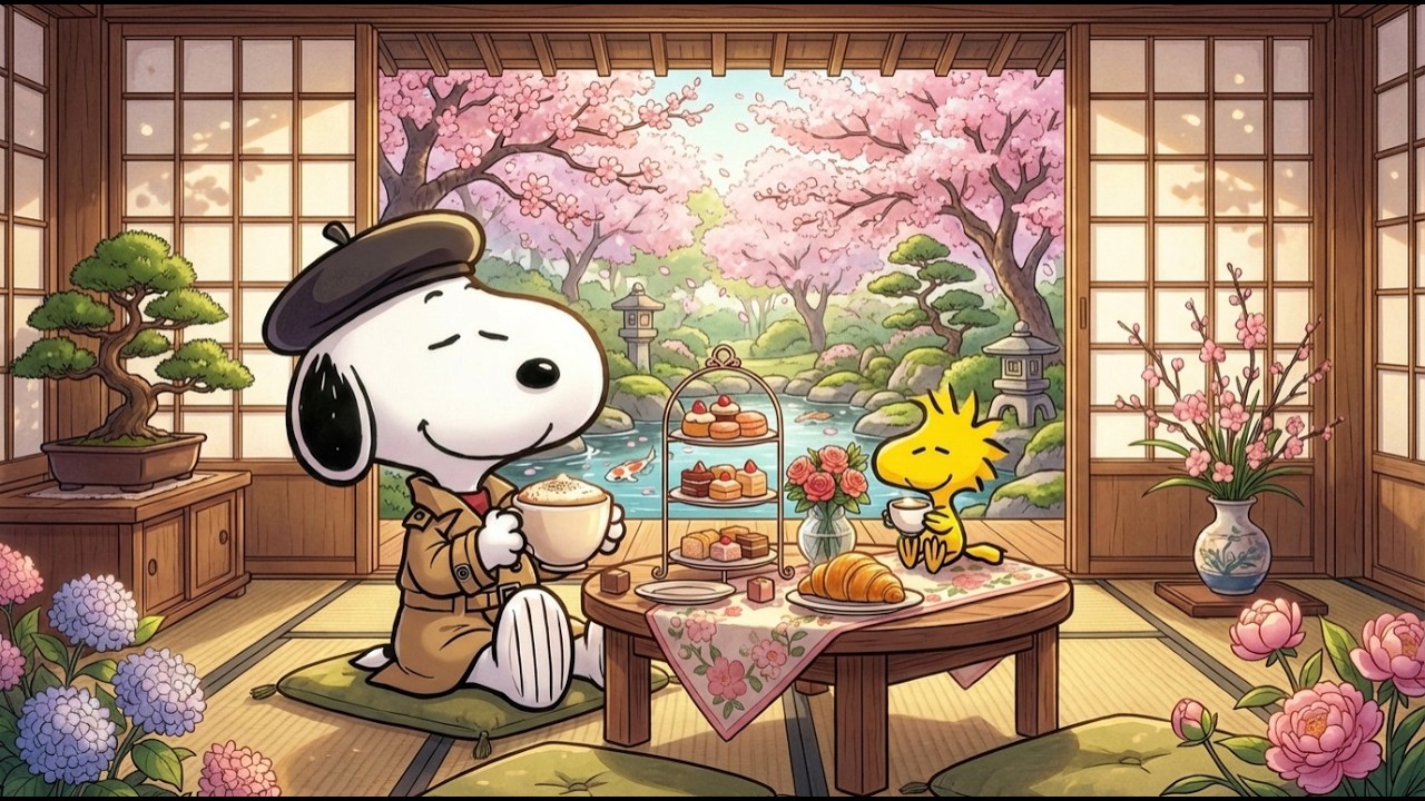 Snoopy’s Cozy Spring Reading 📖 Cozy Spring Lo-fi Jazz for Study, Focus ☕ Relaxing Cafe
