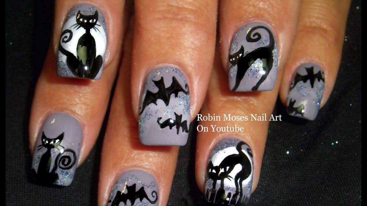 Nail Art |  Easy Halloween Nails | Bats & Cats Design Tutorial