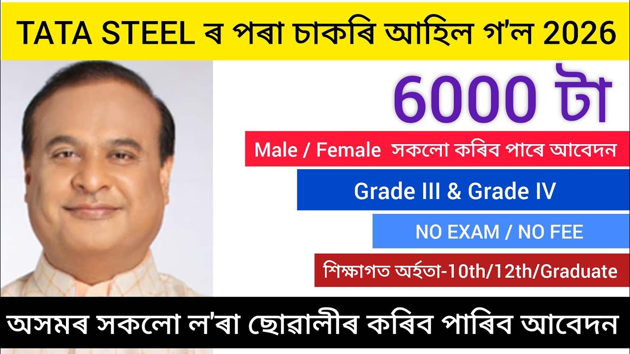 TATA STEEL RECRUITMENT 2026 / অসমৰ সকলো ল'ৰা ছোৱালীৰ বাবে চাকৰি মুকলি /Assam New recruitment Vacancy