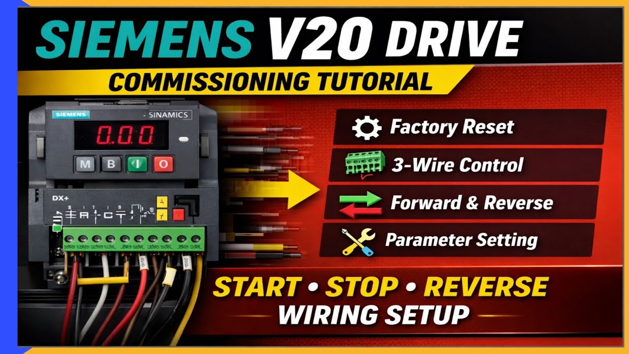 Siemens V20 Drive Commissioning | Factory Reset 3-Wire Control | Forward-Reverse Wiring & Parameters