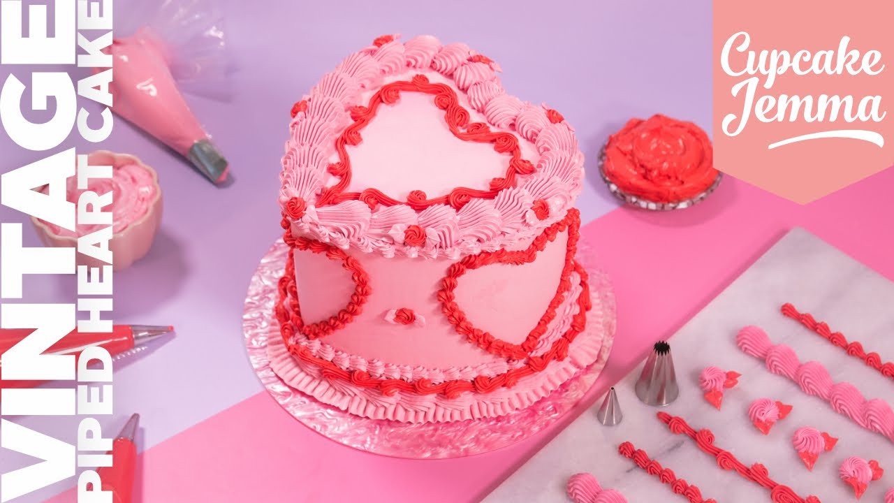 Valentines Vintage Piped Heart Cake Decorating Tutorial