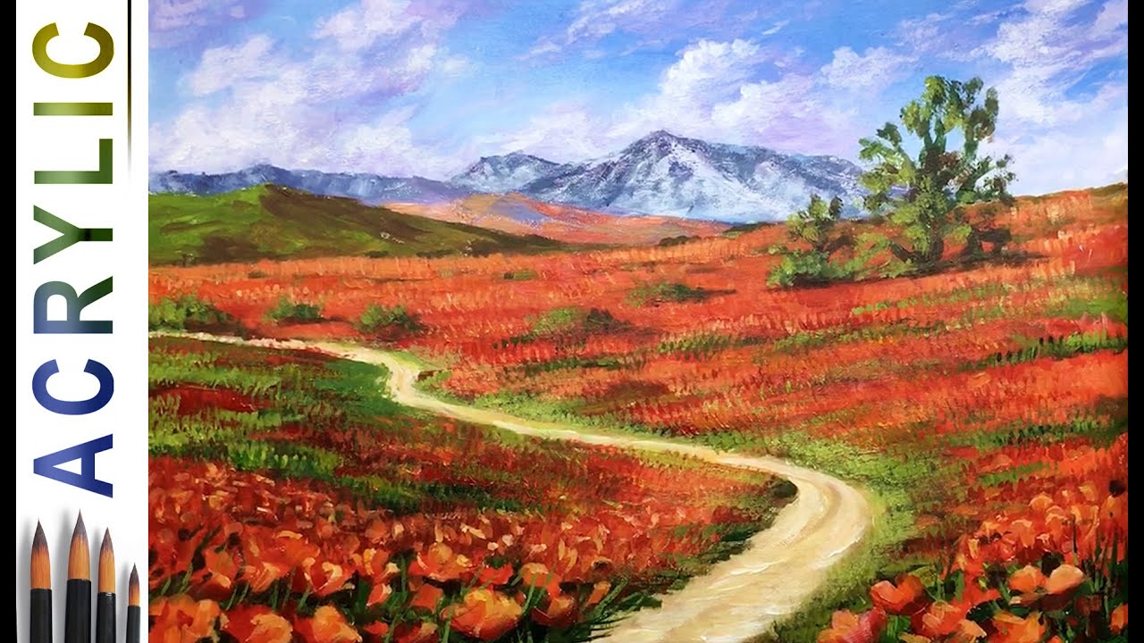 Маковые поля. Как нарисовать пейзаж 🎨 АКРИЛОВЫЙ Урок ДЕМО