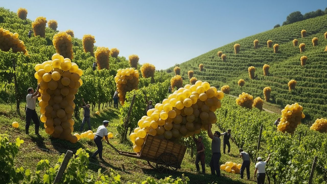 Italian Vineyard Harvesting 100 Tons of Prosecco Grapes on the Steep Hills of Valdobbiadene