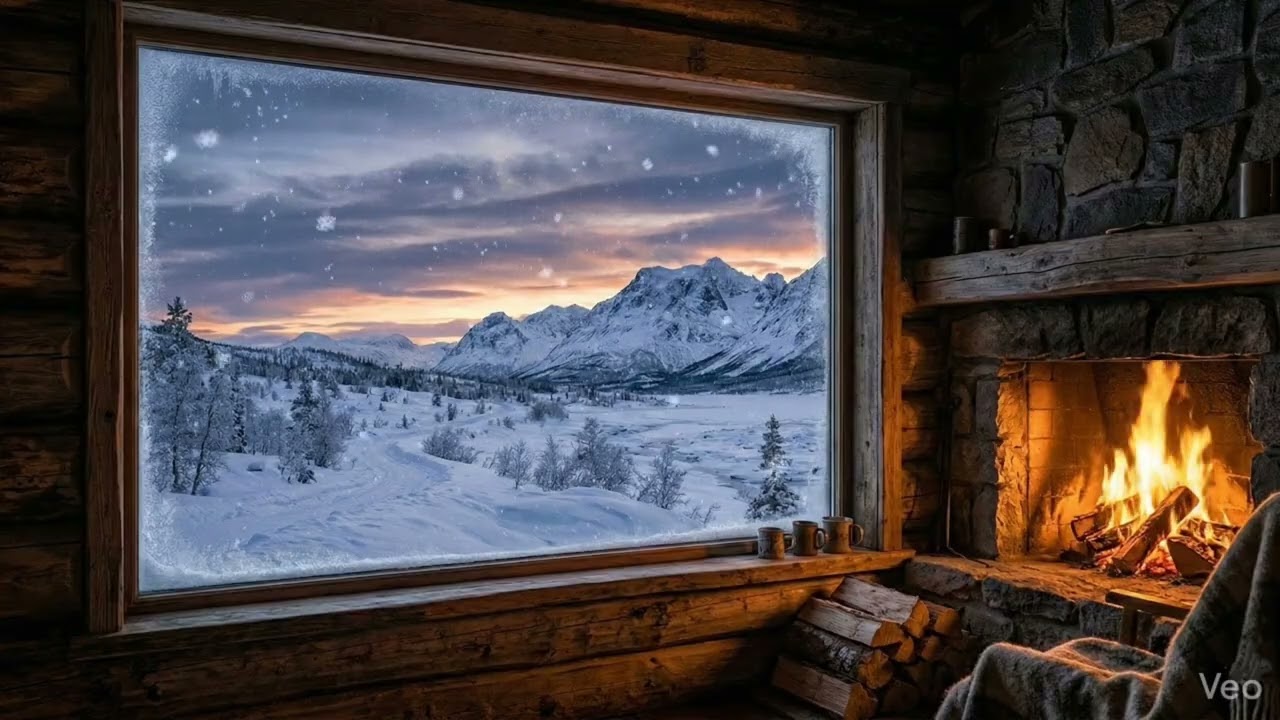 Cozy Winter Ambience – Mountain View, Crackling Fireplace & Binaural Sound for Deep Sleep/Study