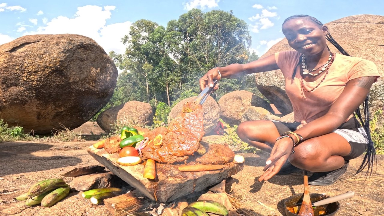 Roasting Huge  Juicy Beef Steak on Hot Monster Rock |African Village Country Life 