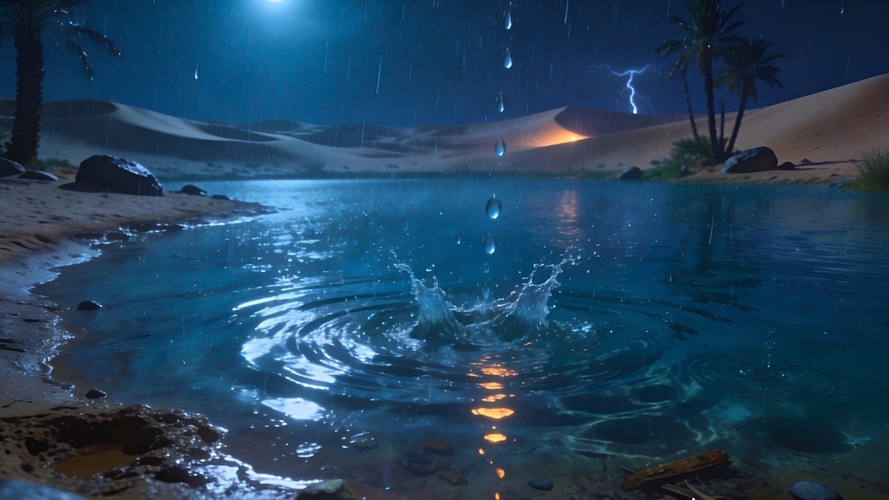 Peaceful Night Rain by the Oasis | Relaxing Ambience