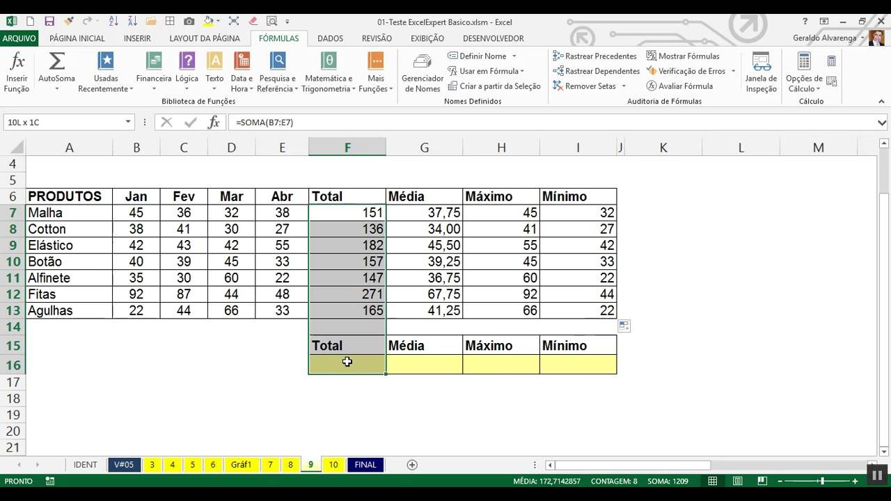 Excel Expert - Teste Básico - Ex: 09 - Soma, Média, Mínimo & Máximo