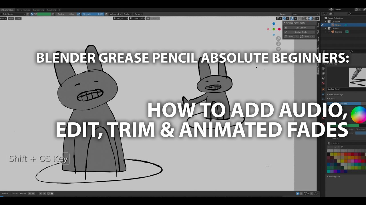 Blender 3D Grease Pencil Beginner How To Add Sound, Edit, Trim & Animate Fade in Grease Pencil.
