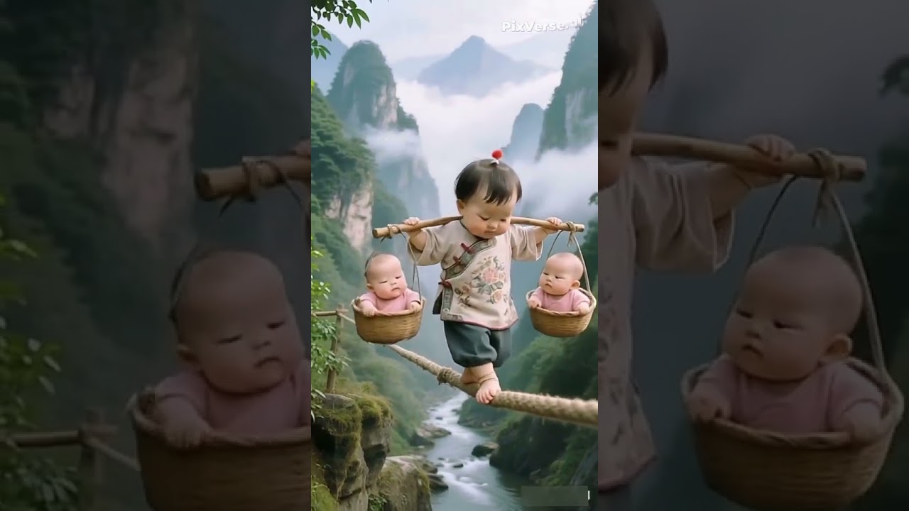 A child wearing traditional clothing carefully balances on a thin rope 